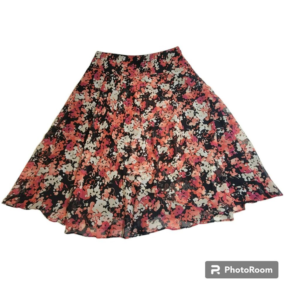 East 5th Skirt, Women 8, Black, Pink & White Floral Faux Wrap, Midi, Ruffle, NWT